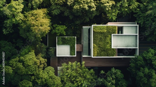 An aerial view of a modern eco friendly house nestled among lush greenery forest