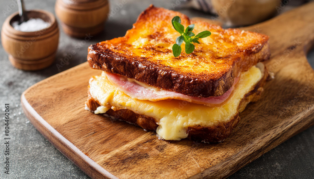 Hot croque monsieur, French ham and grilled cheese sandwich on wooden board. Fast food. Tasty snack Hot croque monsieur, French ham and grilled cheese sandwich on wooden board. Fast food. Tasty snack
