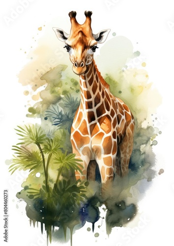 A tall giraffe peering through a cluster of tall trees  its spots blending with shadows of leaves  watercolor style on a white background  animation 3D