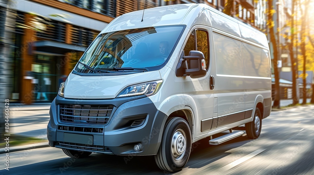 Professional moving van with ramp, cardboard boxes, and household furniture on urban street Professional moving van with ramp, cardboard boxes, and household furniture on urban street