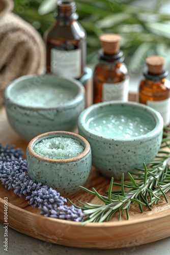 Wooden tray with lavender-filled bowls