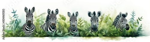 A group of zebras standing side by side  their stripes merging artistically with surrounding foliage  watercolor style on a white background  vibrant