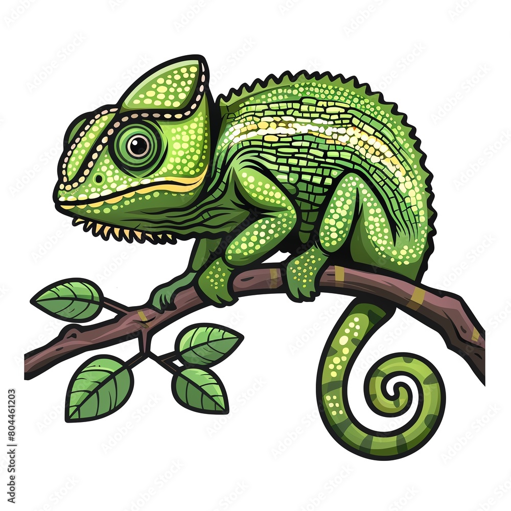 A cartoon chameleon is sitting on a branch. The chameleon is green and has a long tail. The branch is brown and has green leaves. The background is white. A cartoon chameleon is sitting on a branch. The chameleon is green and has a long tail. The branch is brown and has green leaves. The background is white.