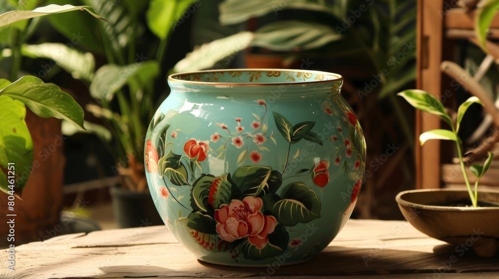 A glossy ceramic plant pot with a handpainted floral design perfect for showcasing your plants and adding a touch of opulence to your garden. A glossy ceramic plant pot with a handpainted floral design perfect for showcasing your plants and adding a touch of opulence to your garden.