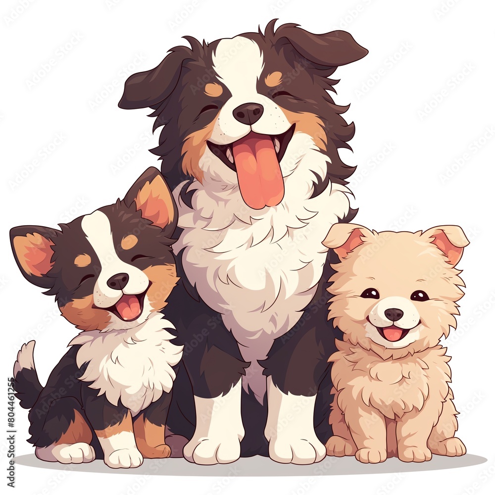 A cute cartoon illustration of a happy family of dogs