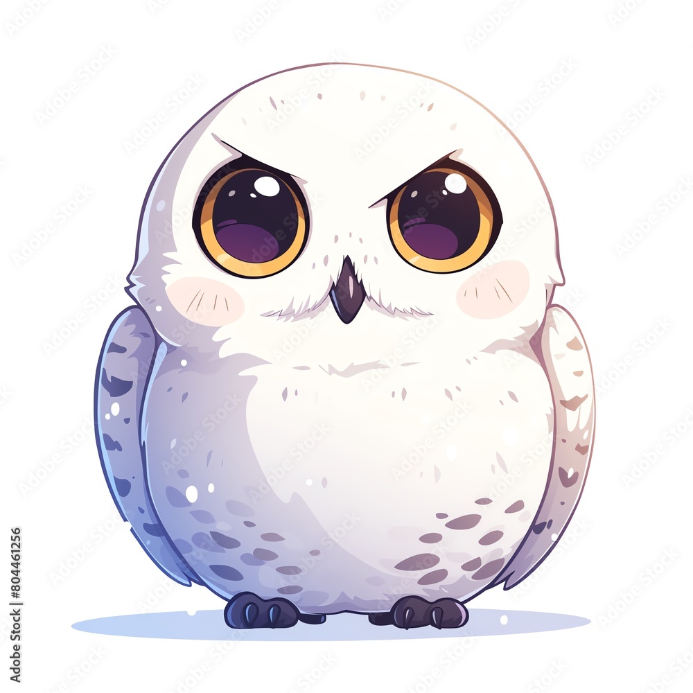 Fototapeta premium Draw an adorable cartoon snowy owl with big eyes and a soft, round body. Use a simple, clean style and focus on capturing the owl's cute and cuddly nature.