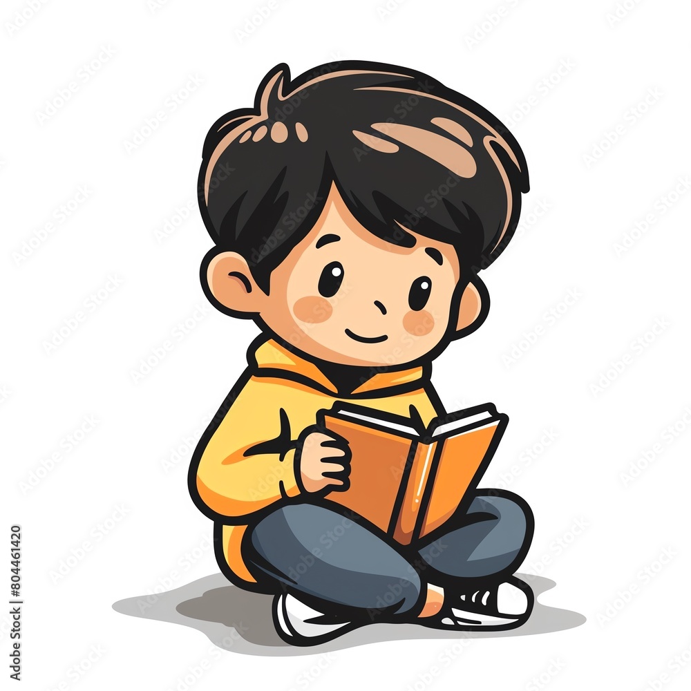 A young boy is sitting on the ground, reading a book. He is wearing a yellow sweater and blue jeans. His hair is short and brown, and he has a happy expression on his face.