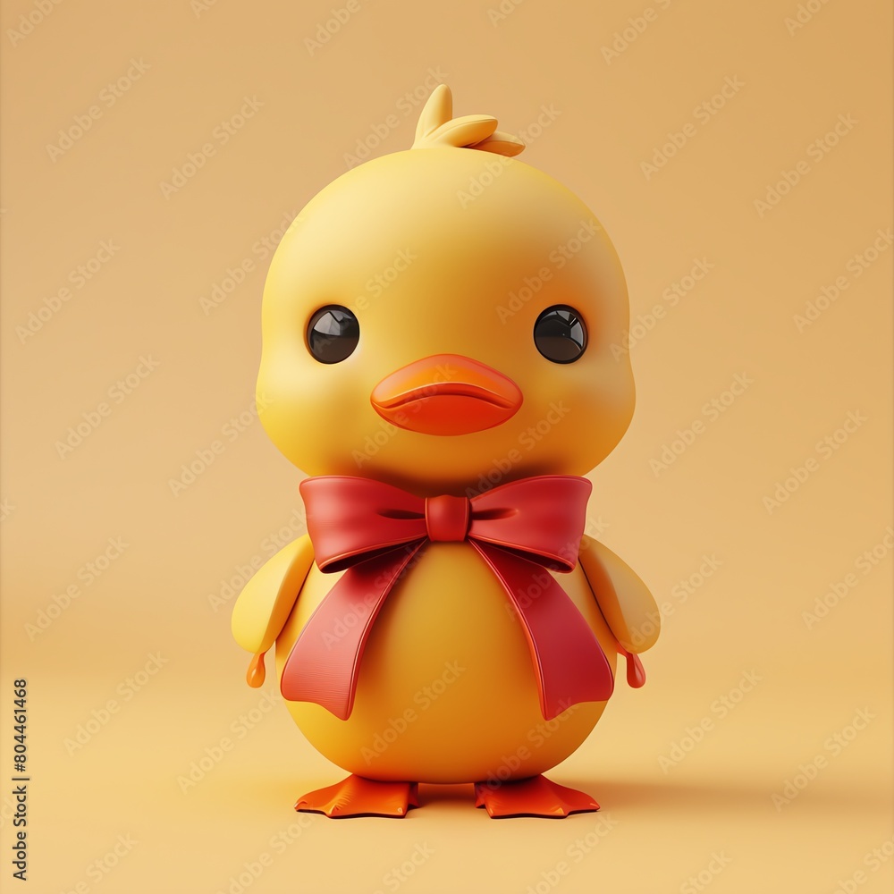 A cute 3D rendered duck with a red bow around its neck. The duck is standing on a solid yellow background. The duck is facing the viewer and has a happy expression on its face.
