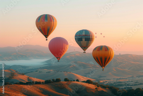 A cluster of pastel-hued hot air balloons floating above rolling hills at dawn  isolated on solid white background.