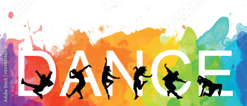 Detailed vector illustration silhouettes of expressive dance colorful group of people dancing. Jazz funk, hip-hop, house dance. Dancer man jumping on white background. Happy celebration