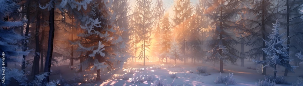 Crystalline Woodland Wonder Enchanting Frozen Forest Sparkling in Vibrant Sunrise Hues