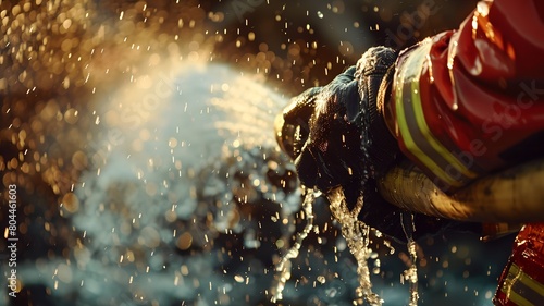 The most important fire in the world. Close-up shot. the hands of the fireman, who gently trims the hose and extinguishes the flames with water. photo