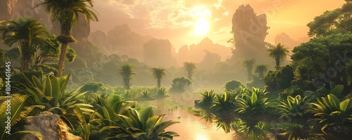 Terraformed Alien Planet s Lush Exotic Botanical Gardens Bathed in Soft Morning Light
