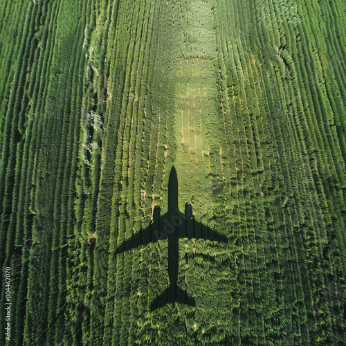 Shadow airplane on green crops, representing decarbonization and sustainable fuels. Biofuel in aviation. Sustainable transportation and eco-friendly flights with biofuel use. Aviation sustainability.