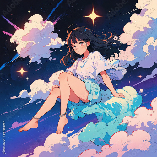 Dreamy Anime Character Sitting on Fluffy Cloud in the Sky