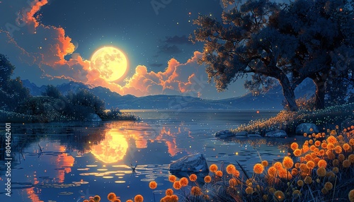 A beautiful landscape painting of a lake and mountains under a full moon
