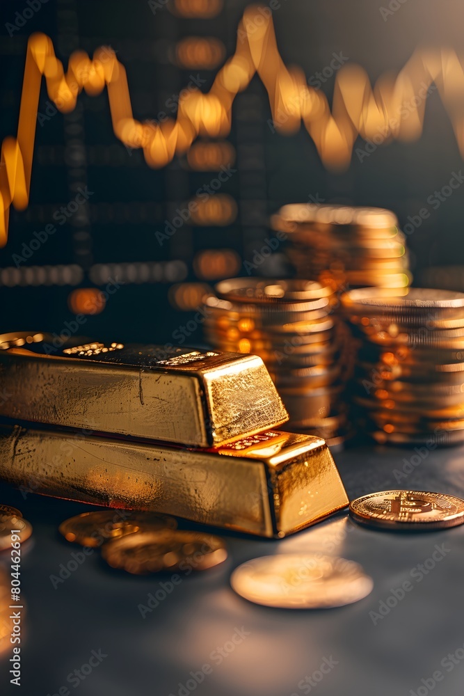 Gold bars and coins on a black background with a stock chart Gold bars and coins on a black background with a stock chart