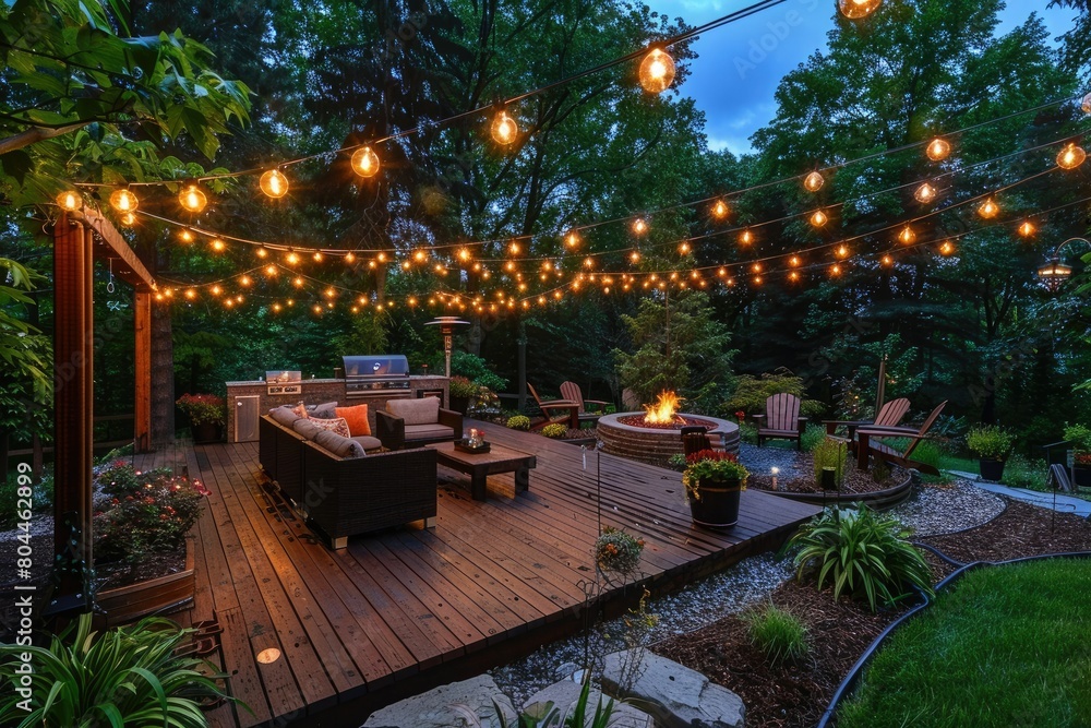 Enchanting Nighttime Escape: A Captivating Backyard Oasis Illuminated by Breathtaking Lights