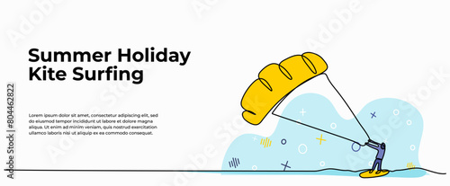 Vector illustration of  a man kite surfing. Modern flat in continuous line style.