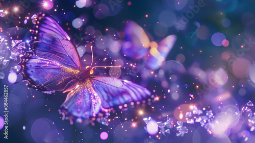 Cosmic butterflies with glowing purple wings  crystal and sparkle stuff everywhere. Flying in space. 