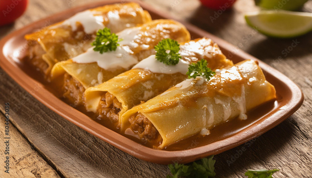 Mexican enchiladas over wooden table. Tasty meal. Delicious food for dinner. Culinary concept.