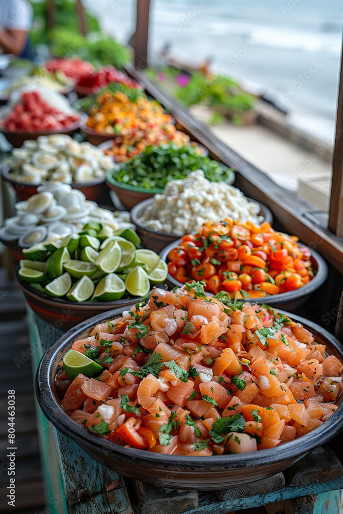 Diverse food spread on table