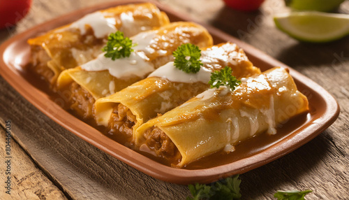 Mexican enchiladas over wooden table. Tasty meal. Delicious food for dinner. Culinary concept.