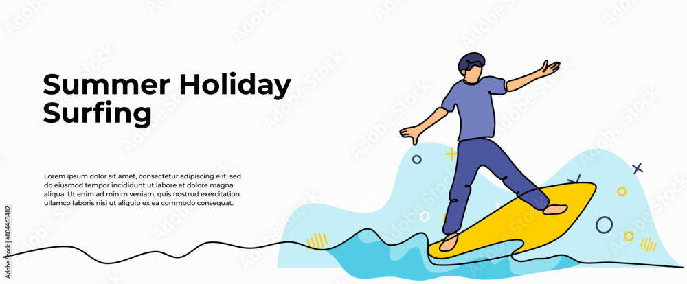 Vector illustration of a man is surfing. Modern flat in continuous line style. Vector illustration of a man is surfing. Modern flat in continuous line style.