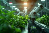 A robotic arm manages the care of plants in an advanced indoor farming facility.