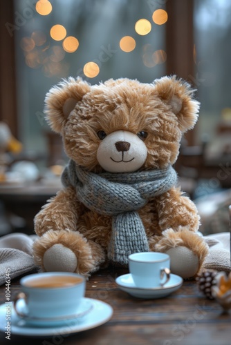Teddy bear enjoying a cup of coffee at table