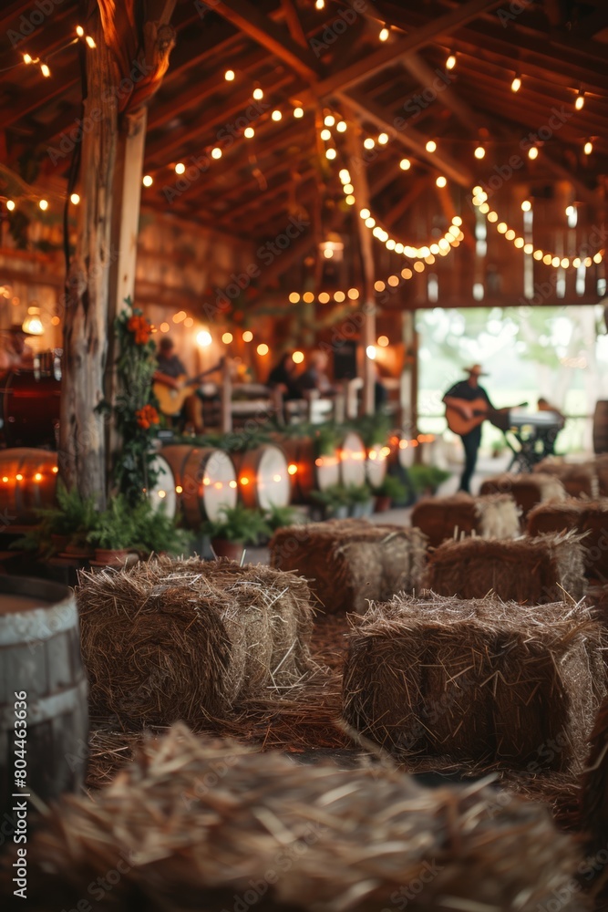 Barn dance party with hay bales and string lights