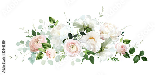 Classic pink rose, white peony, blush pink ranunculus, eucalyptus, sage greenery vector design wedding spring bouquet. Horizontal banner. Floral summer watercolor. Elements are isolated and editable photo