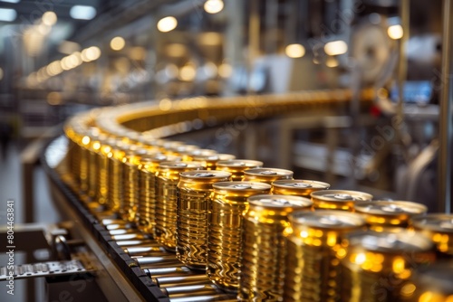 Golden cans on a conveyor belt in a modern factory  depicting the canning process with blur motion.