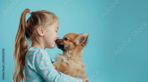 Cute dog kissing a kid with plain background.