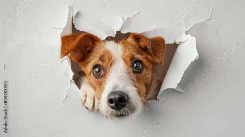 Cute dog peep through paper hole with plain background. photo