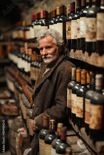 Man standing in front of wall of wine bottles