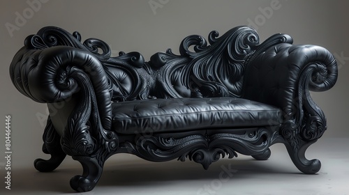 Design a ornate, black leather, Victorian style chaise lounge. photo