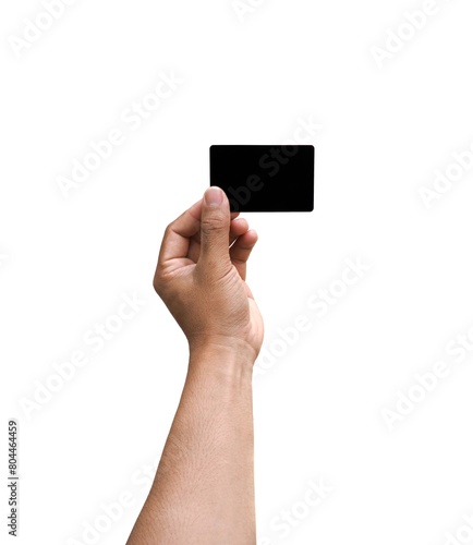 A man's hand makes a gesture of holding a black card. or gray business card Some types of documents, identity card or passport, isolated on white background.