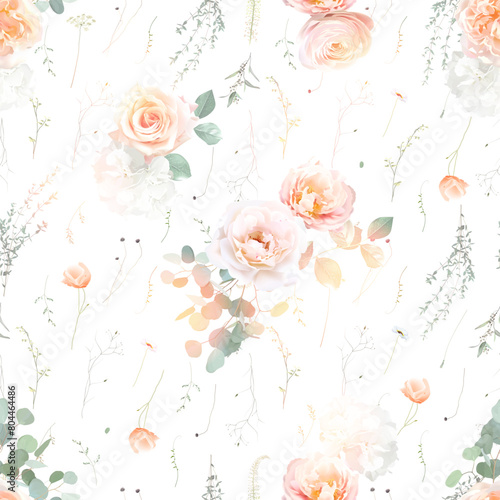 Coral pink rose, white hydrangea, peach ranunculus, orange poppy, sage blush greenery vector design wedding spring seamless pattern. Floral summer watercolor print. Elements are isolated and editable