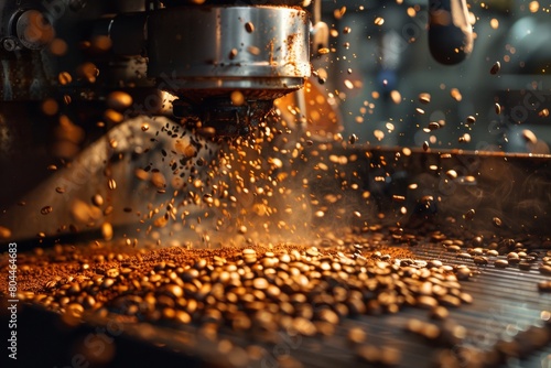 Coffee beans are being ground by a machine, with particles dispersing around.