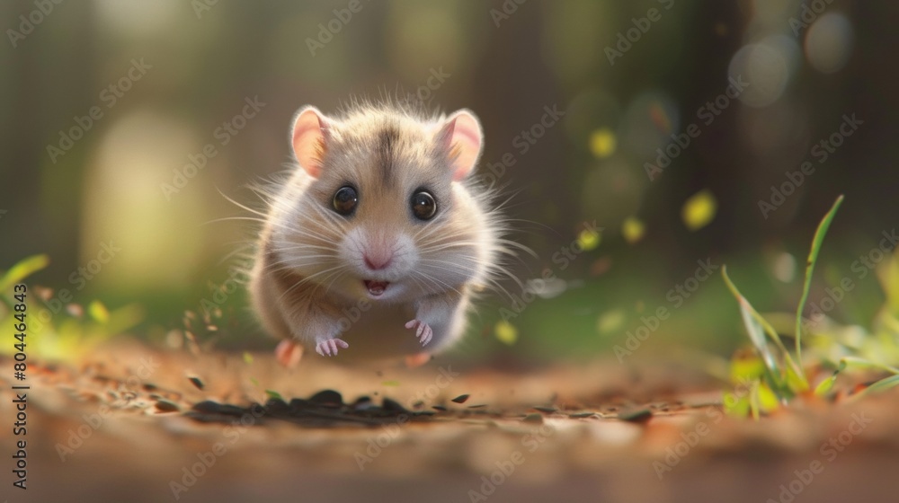 Cute running hamster in outdoor forest. 3D vector illustration. Cute running hamster in outdoor forest. 3D vector illustration.