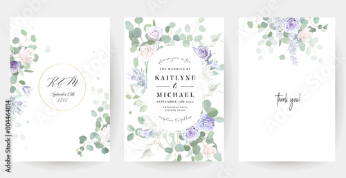 Periwinkle violet, purple bellflower, dusty mauve and lilac rose, hyacinth, wisteria, lavender, eucalyptus vector design frames. Stylish wedding flowers banners. Elements are isolated and editable
