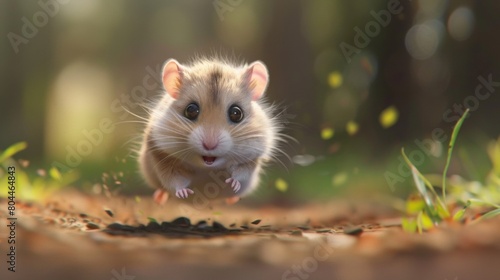Cute running hamster in outdoor forest. 3D vector illustration.
