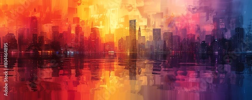 New York City skyline. Vibrant colors. Oil painting.