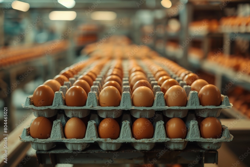Rows of brown eggs sit neatly in cardboard trays, lined up in a large factory setting. Rows of brown eggs sit neatly in cardboard trays, lined up in a large factory setting.