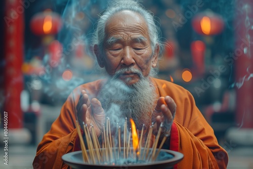 Elderly man holding incense bowl photo