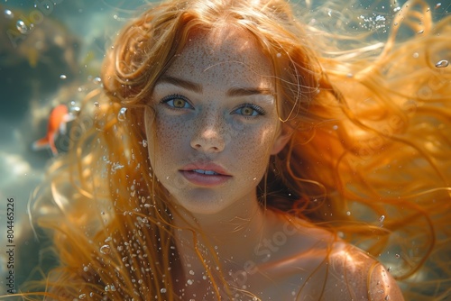 Woman with long red hair underwater