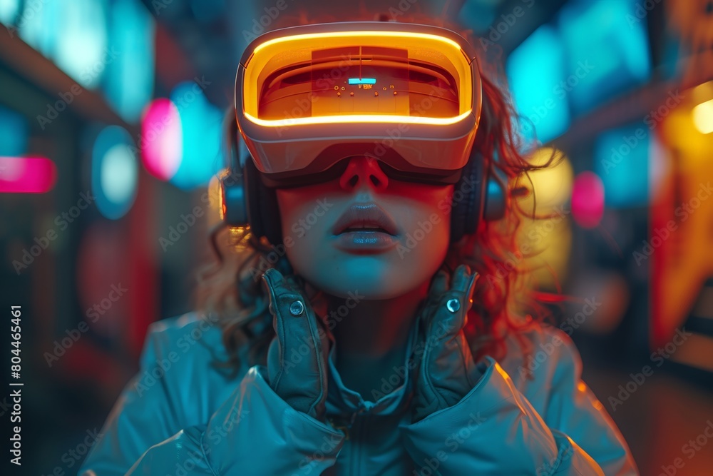 Woman testing virtual reality glasses Woman testing virtual reality glasses