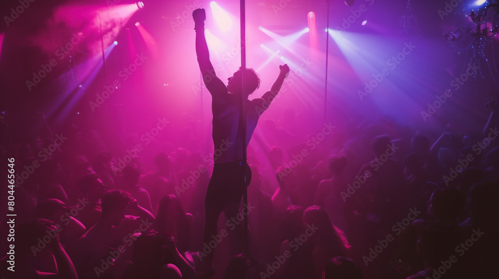 Silhouetted man celebrating energetically on a dance pole in a vibrant nightclub.
