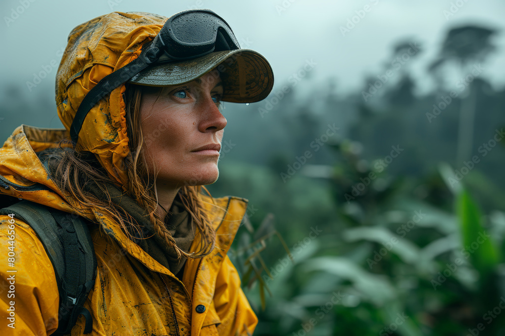 Woman in yellow raincoat and hat Woman in yellow raincoat and hat
